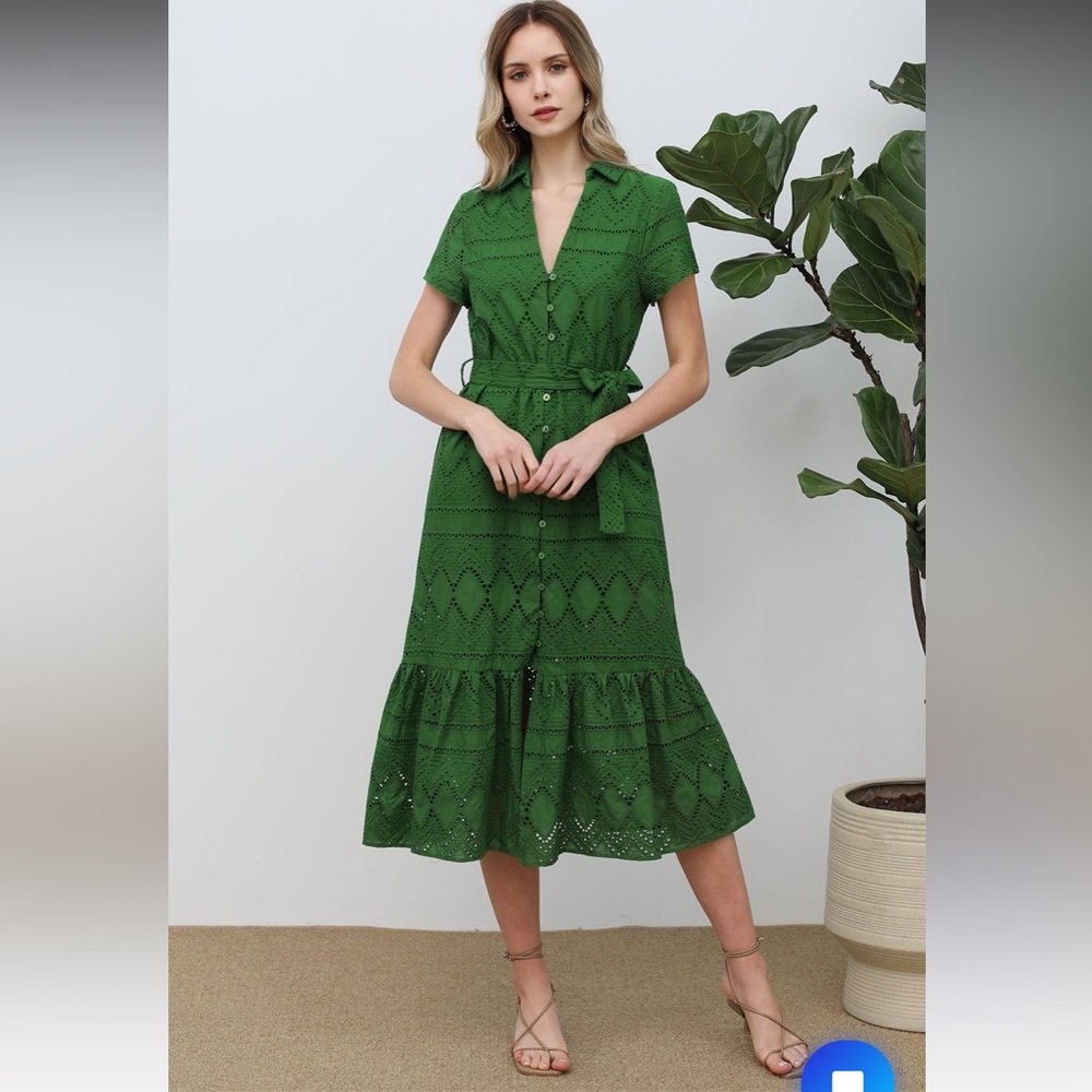 Green Eyelet Shirt Dress with Tie Waist